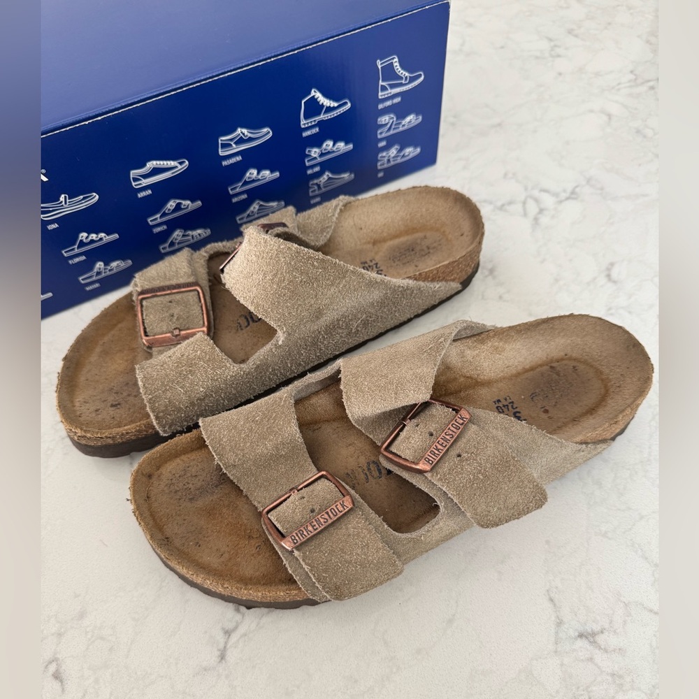 Birkenstock Arizona Soft Footbed Sandals - Taupe Leather Suede